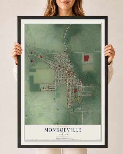 Map of Monroeville, Indiana, 24 x 36 inch print in a black wood frame