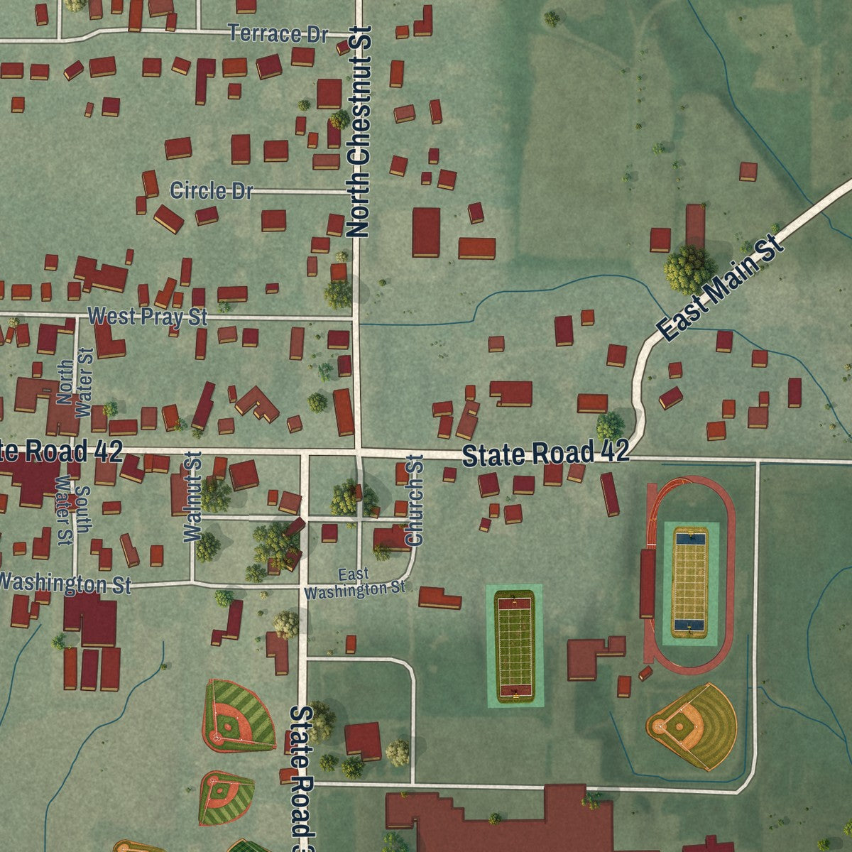 Close-up of the map of Monrovia, Indiana print showing street and building detail