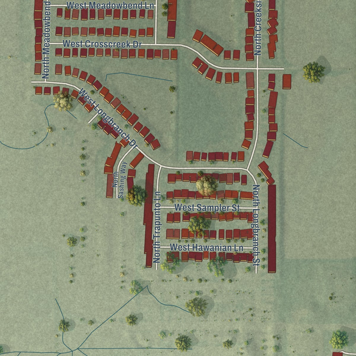 Second close-up of the map of Monrovia, Indiana print showing more streets and buildings