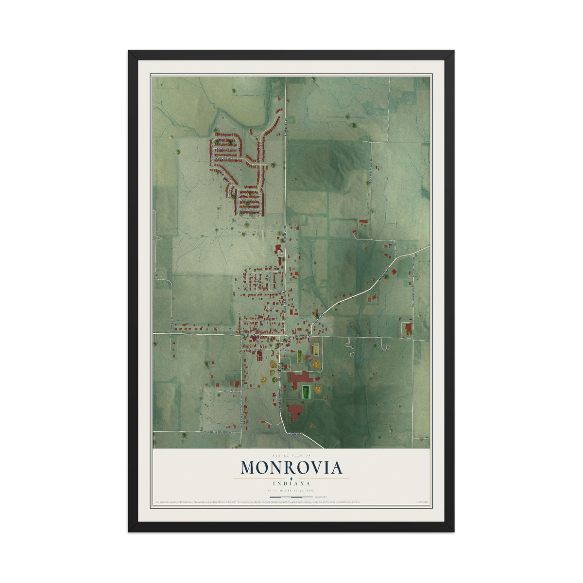 Map of Monrovia, Indiana, 12 x 18 inch print in a black wood frame