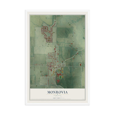 Map of Monrovia, Indiana, 12 x 18 inch print in a white wood frame