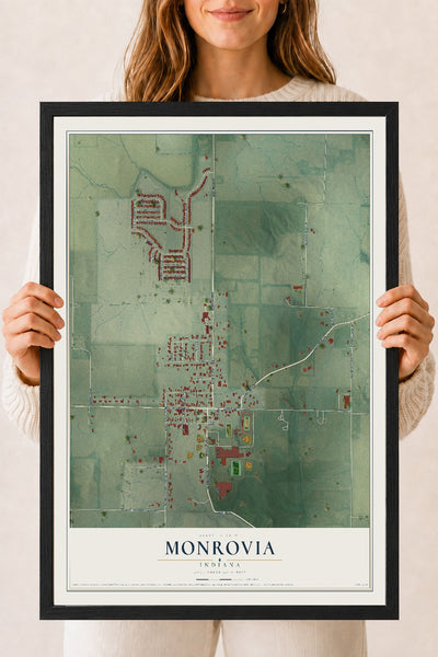 Map of Monrovia, Indiana, 18 x 24 inch print in a black wood frame