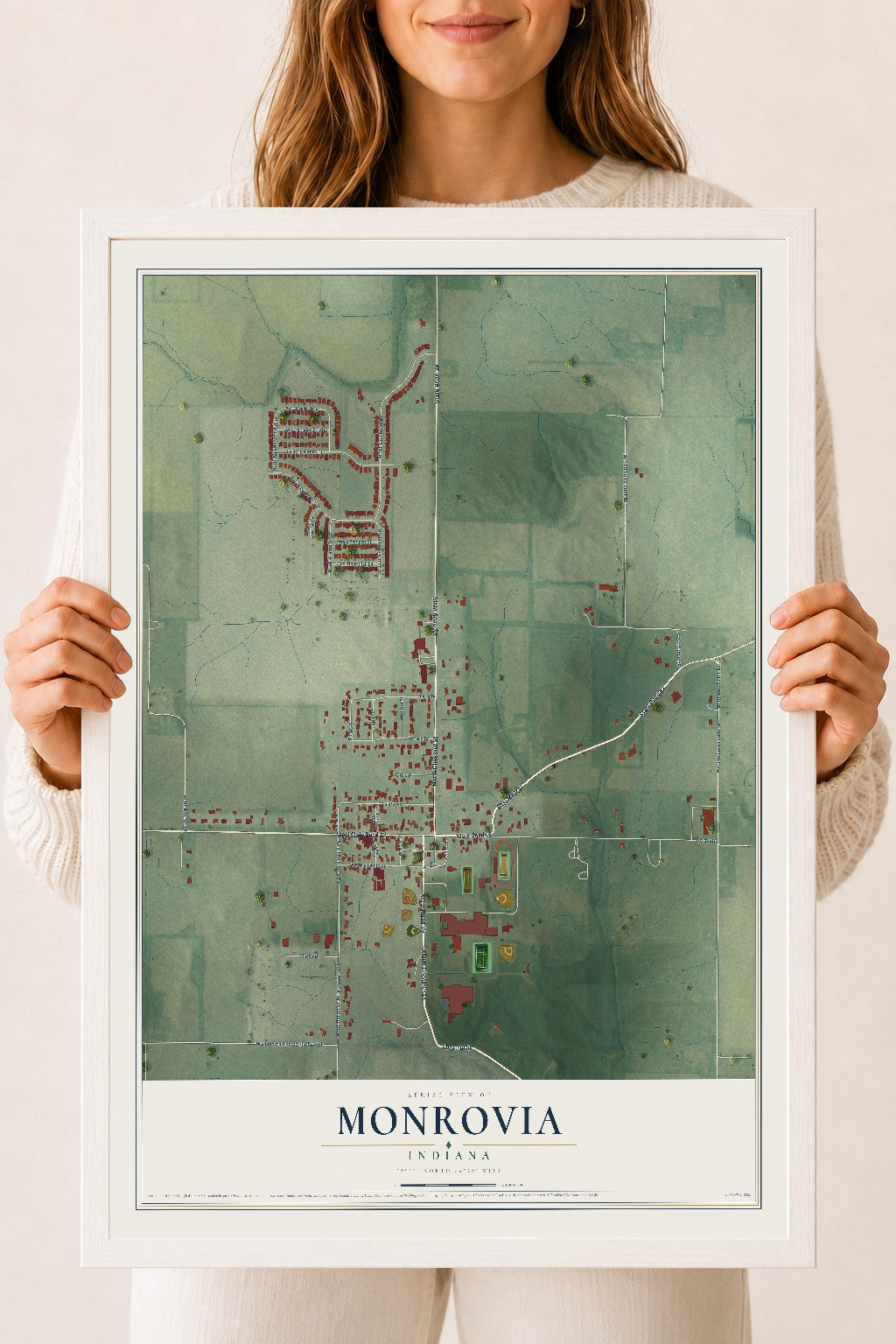 Map of Monrovia, Indiana, 18 x 24 inch print in a white wood frame