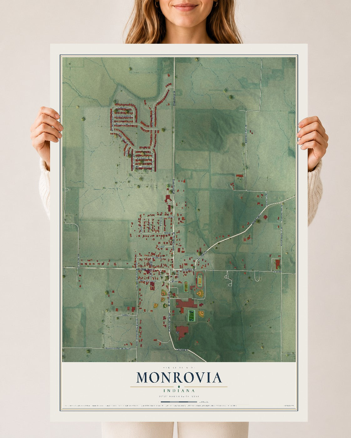 Map of Monrovia, Indiana, 24 x 36 inch unframed archival matte print