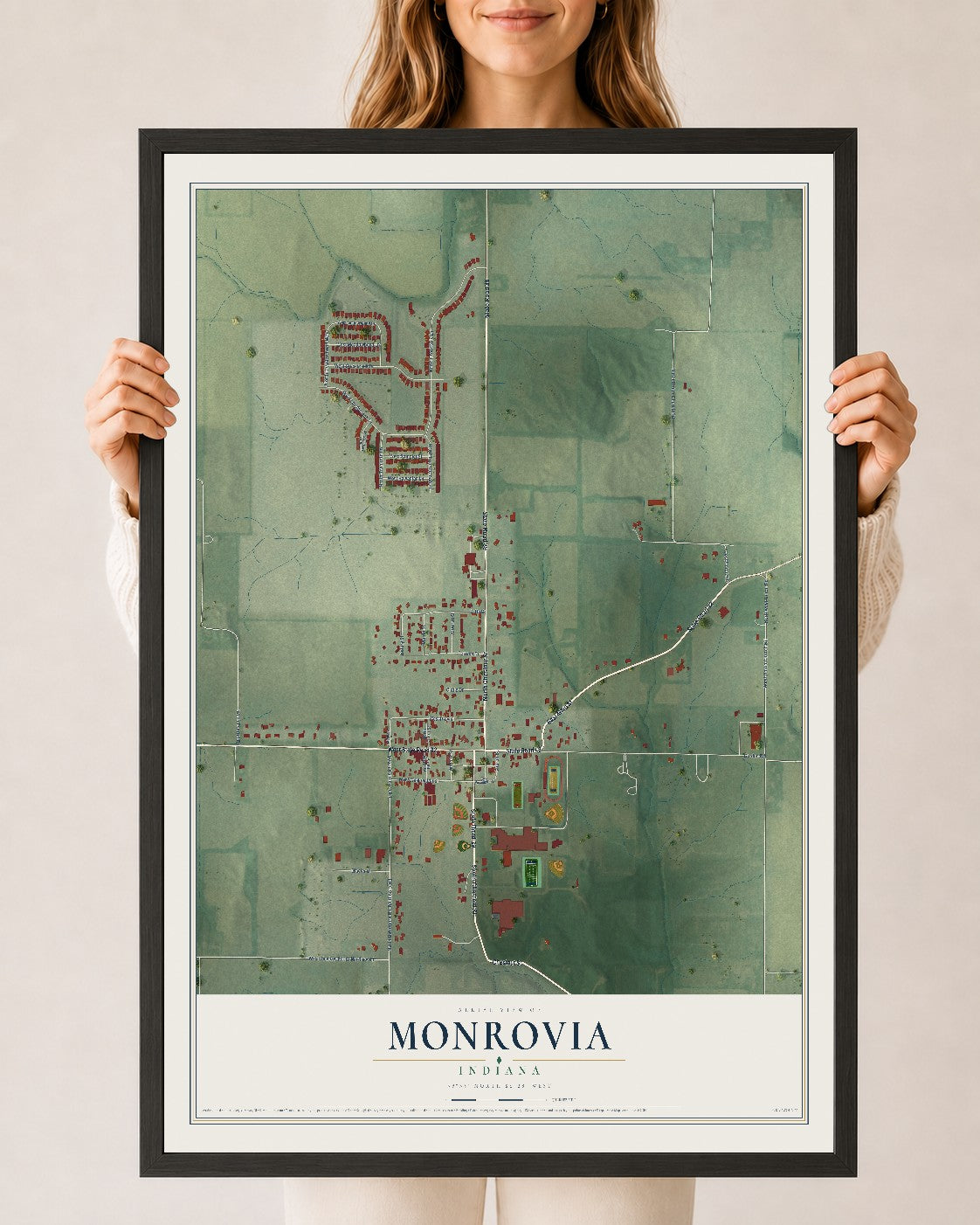 Map of Monrovia, Indiana, 24 x 36 inch print in a black wood frame