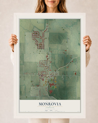 Map of Monrovia, Indiana, 24 x 36 inch print in a white wood frame