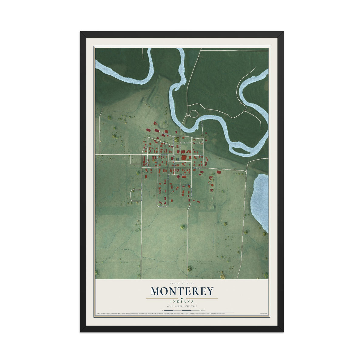 Map of Monterey, Indiana, 12 x 18 inch print in a black wood frame