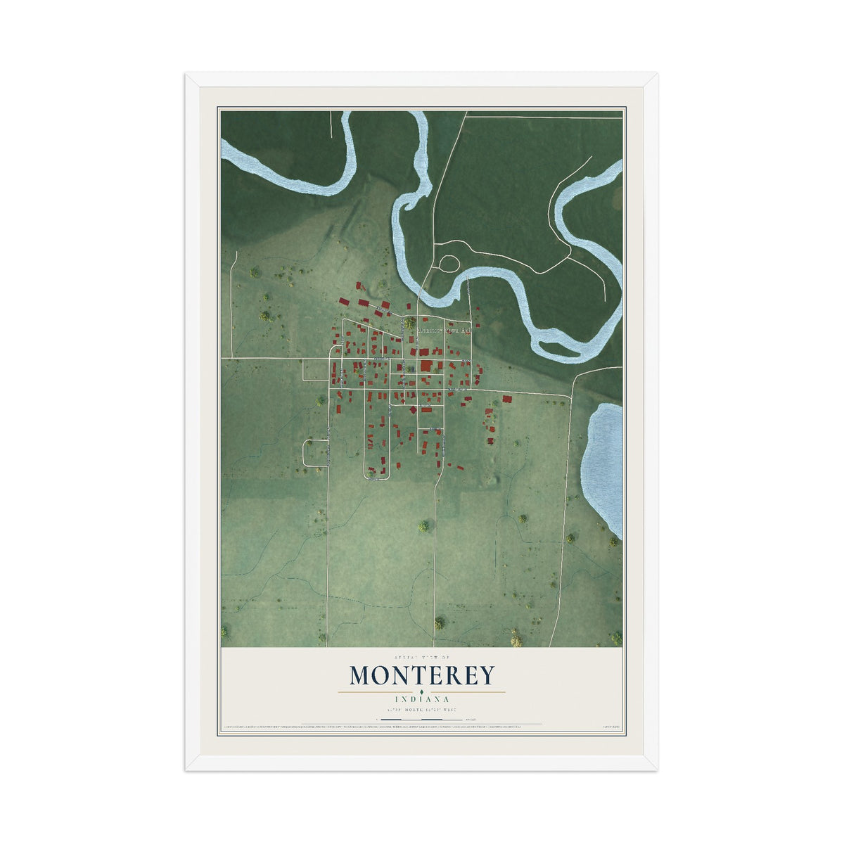 Map of Monterey, Indiana, 12 x 18 inch print in a white wood frame