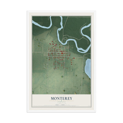 Map of Monterey, Indiana, 12 x 18 inch print in a white wood frame