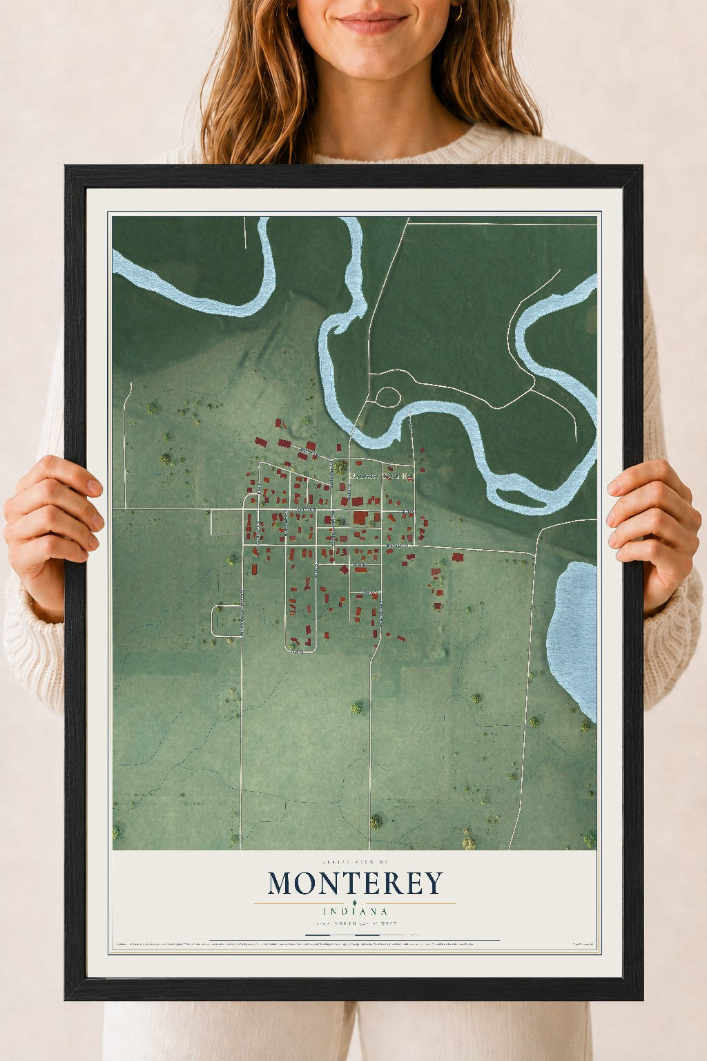 Map of Monterey, Indiana, 18 x 24 inch print in a black wood frame