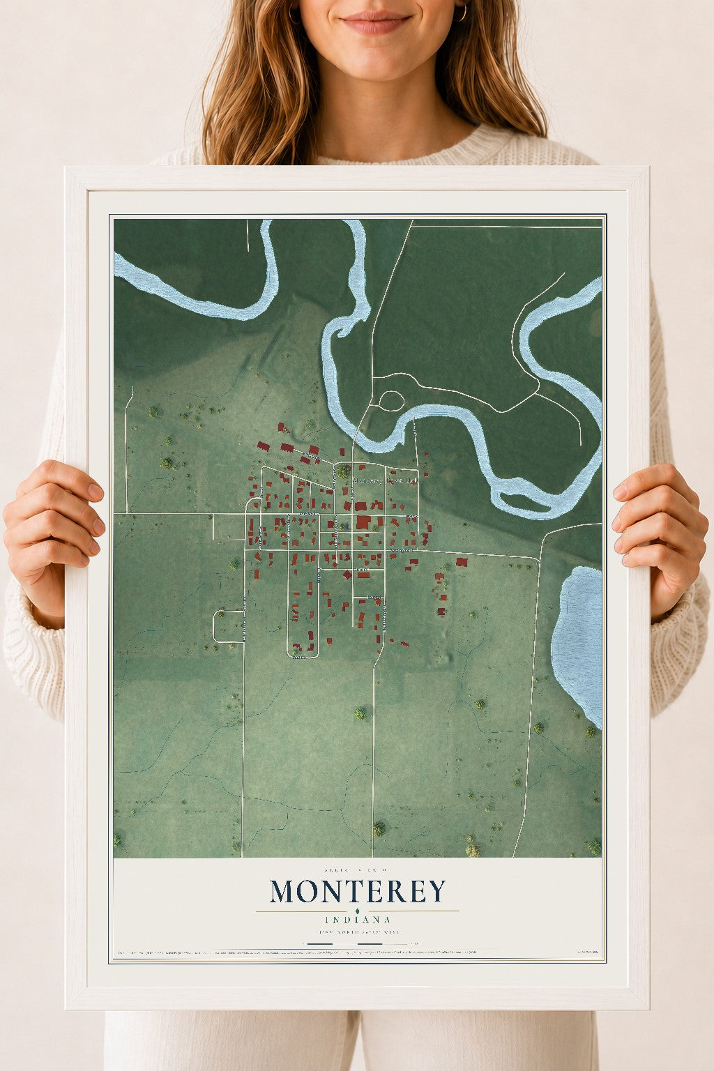 Map of Monterey, Indiana, 18 x 24 inch print in a white wood frame