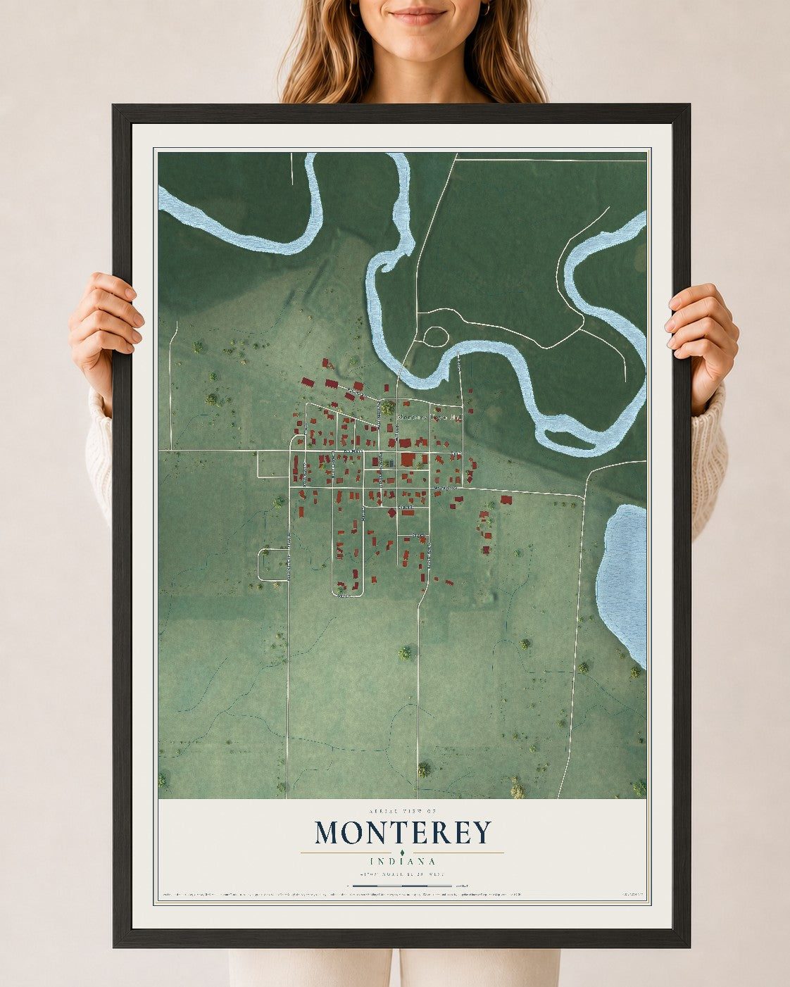 Map of Monterey, Indiana, 24 x 36 inch print in a black wood frame