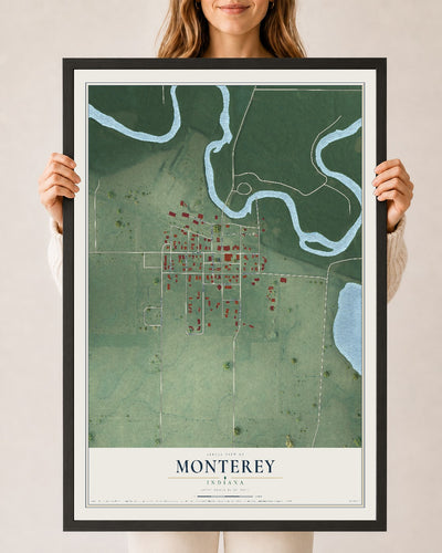 Map of Monterey, Indiana, 24 x 36 inch print in a black wood frame
