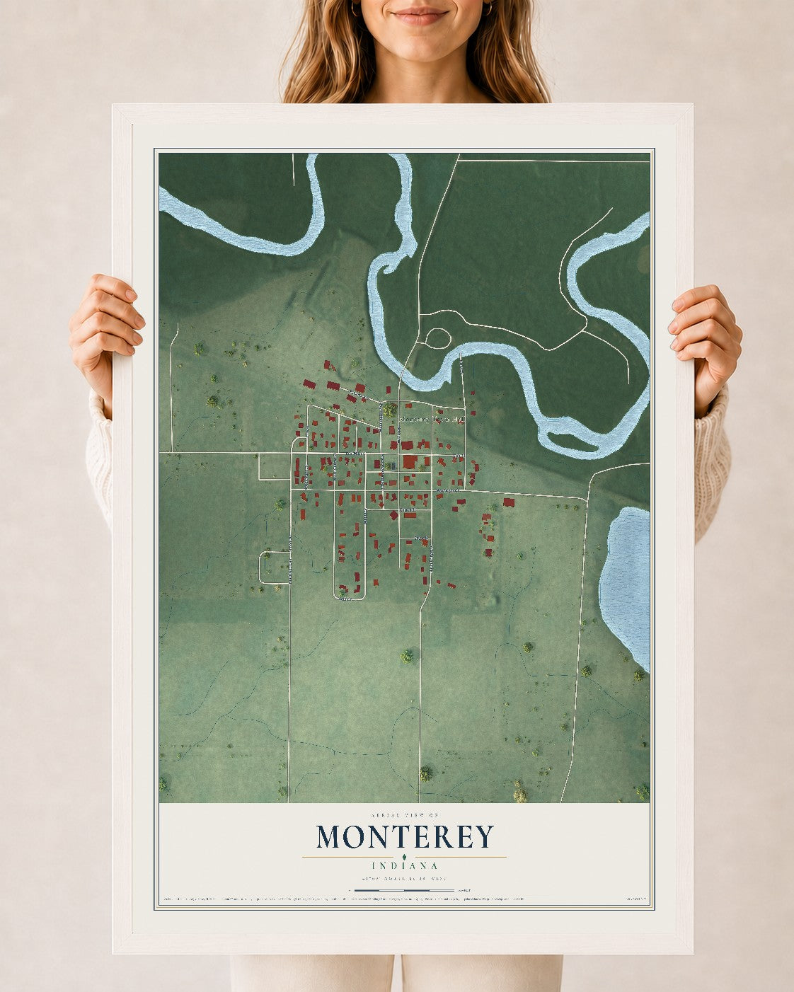 Map of Monterey, Indiana, 24 x 36 inch print in a white wood frame