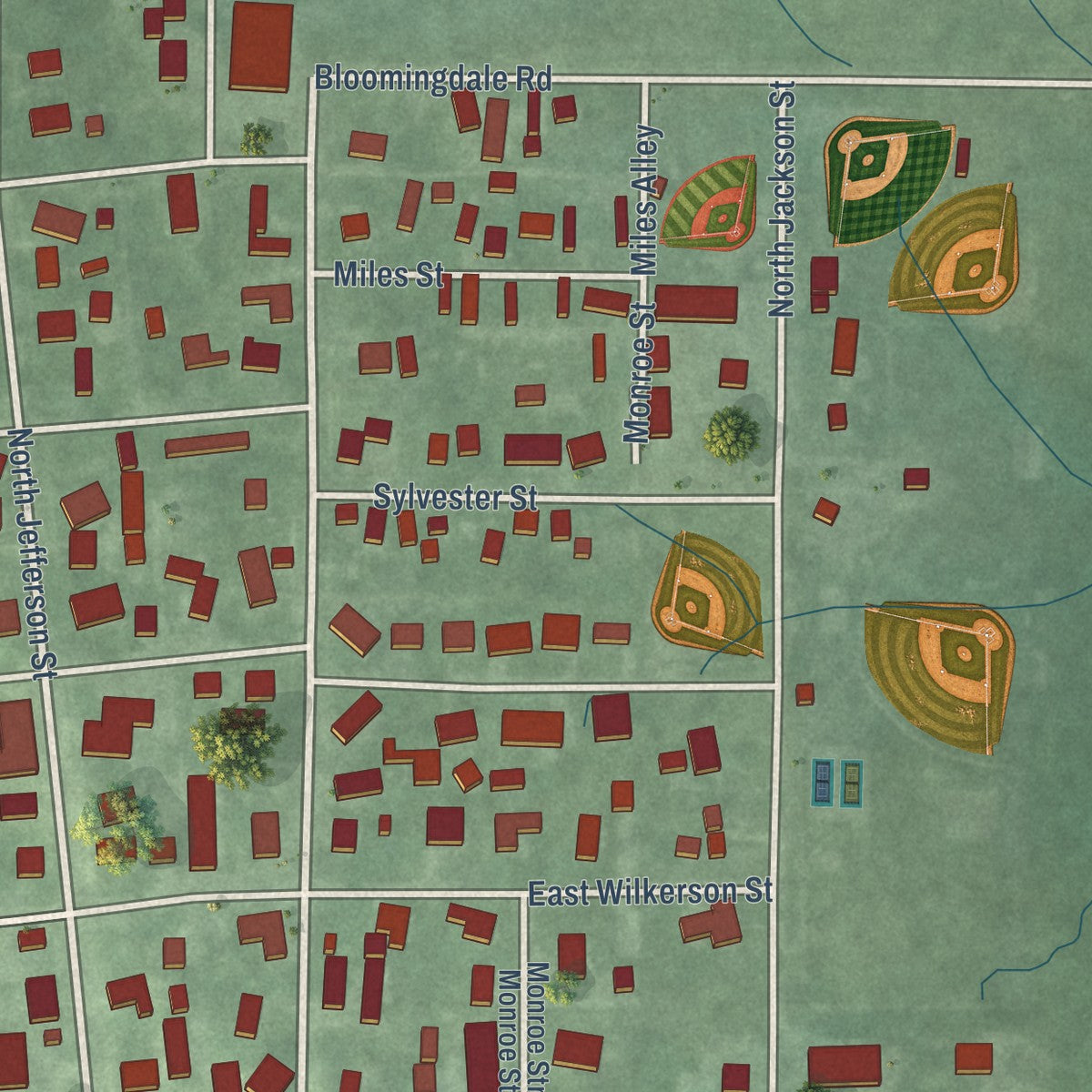 Second close-up of the map of Montezuma, Indiana print showing more streets and buildings
