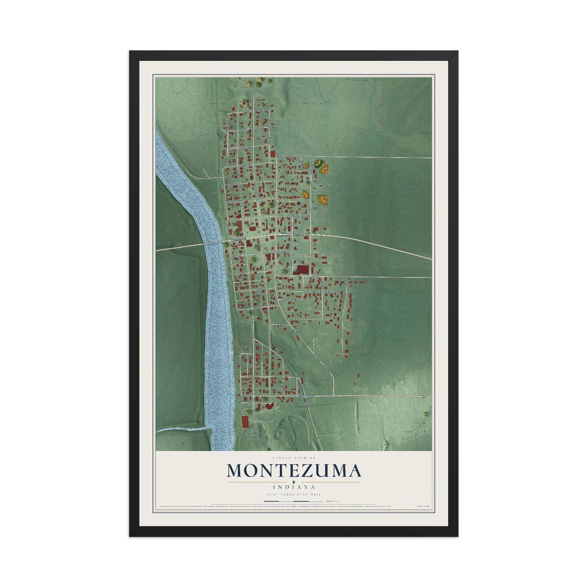Map of Montezuma, Indiana, 12 x 18 inch print in a black wood frame