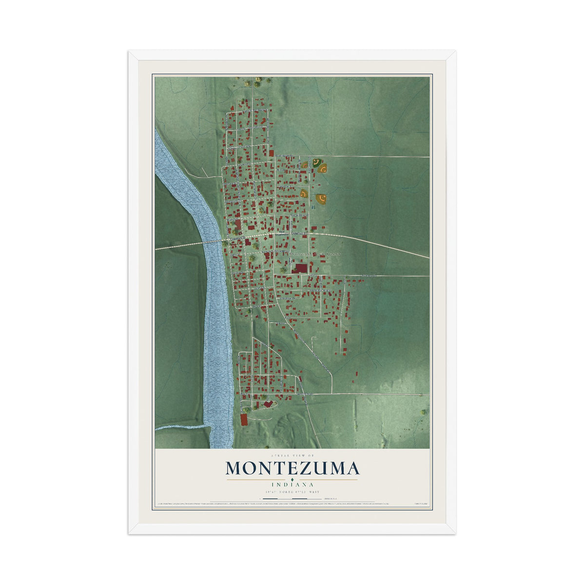 Map of Montezuma, Indiana, 12 x 18 inch print in a white wood frame