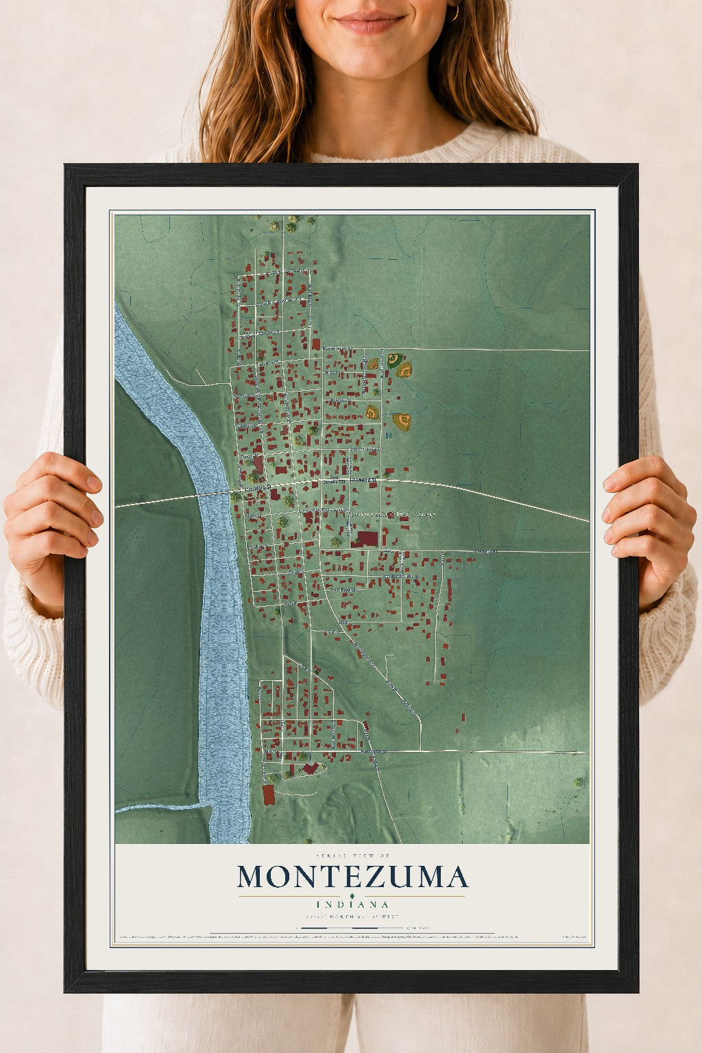 Map of Montezuma, Indiana, 18 x 24 inch print in a black wood frame