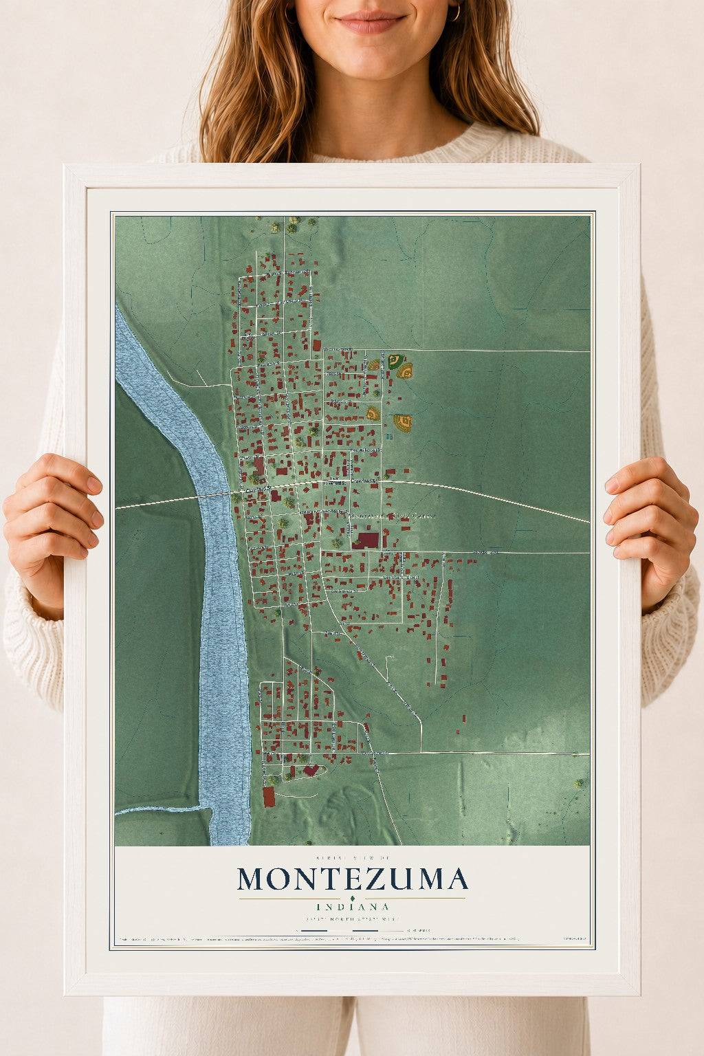 Map of Montezuma, Indiana, 18 x 24 inch print in a white wood frame