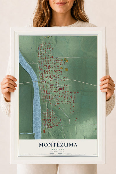 Map of Montezuma, Indiana, 18 x 24 inch print in a white wood frame