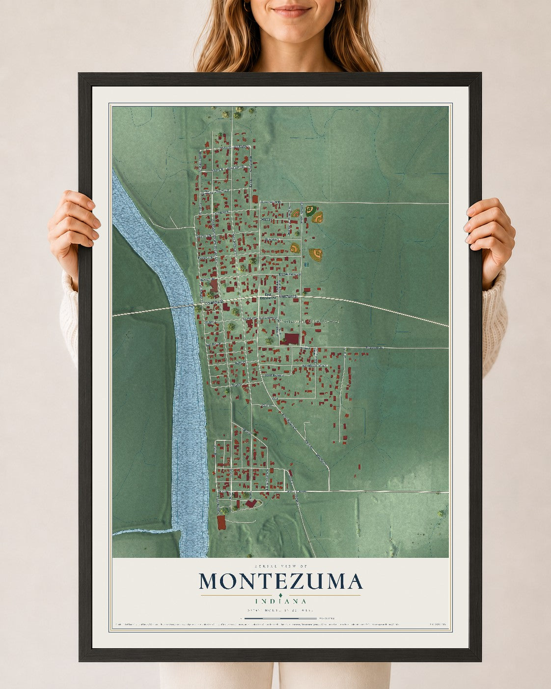 Map of Montezuma, Indiana, 24 x 36 inch print in a black wood frame