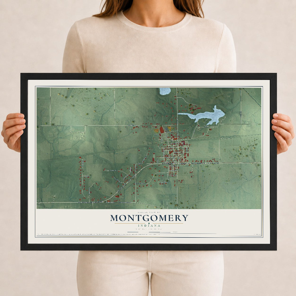 Map of Montgomery, Indiana, 12 x 18 inch print in a black wood frame