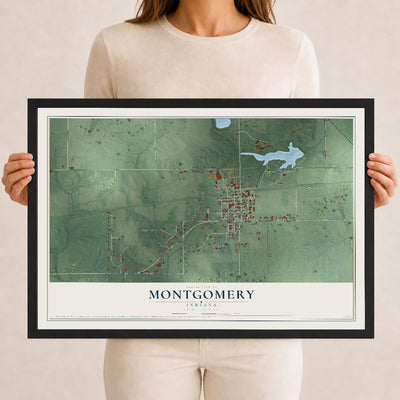 Map of Montgomery, Indiana, 12 x 18 inch print in a black wood frame