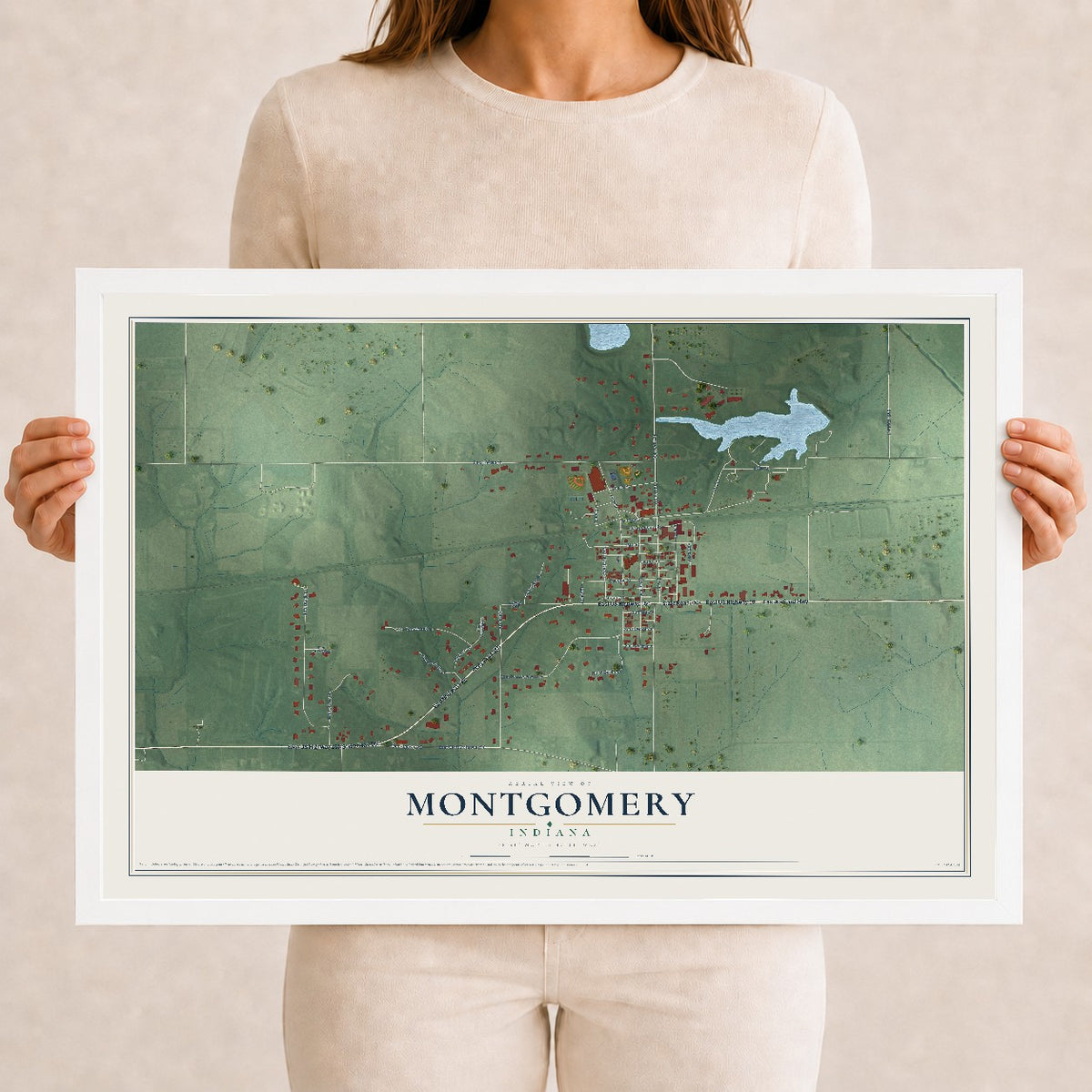 Map of Montgomery, Indiana, 12 x 18 inch print in a white wood frame