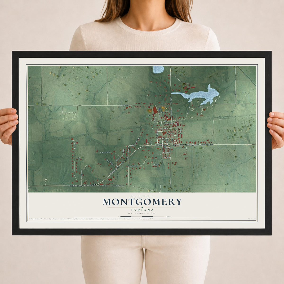 Map of Montgomery, Indiana, 18 x 24 inch print in a black wood frame