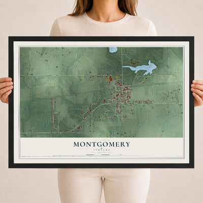 Map of Montgomery, Indiana, 18 x 24 inch print in a black wood frame