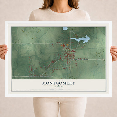 Map of Montgomery, Indiana, 18 x 24 inch print in a white wood frame