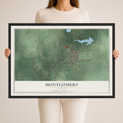 Map of Montgomery, Indiana, 24 x 36 inch print in a black wood frame