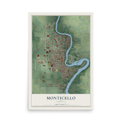 Map of Monticello, Indiana, 12 x 18 inch unframed archival matte print