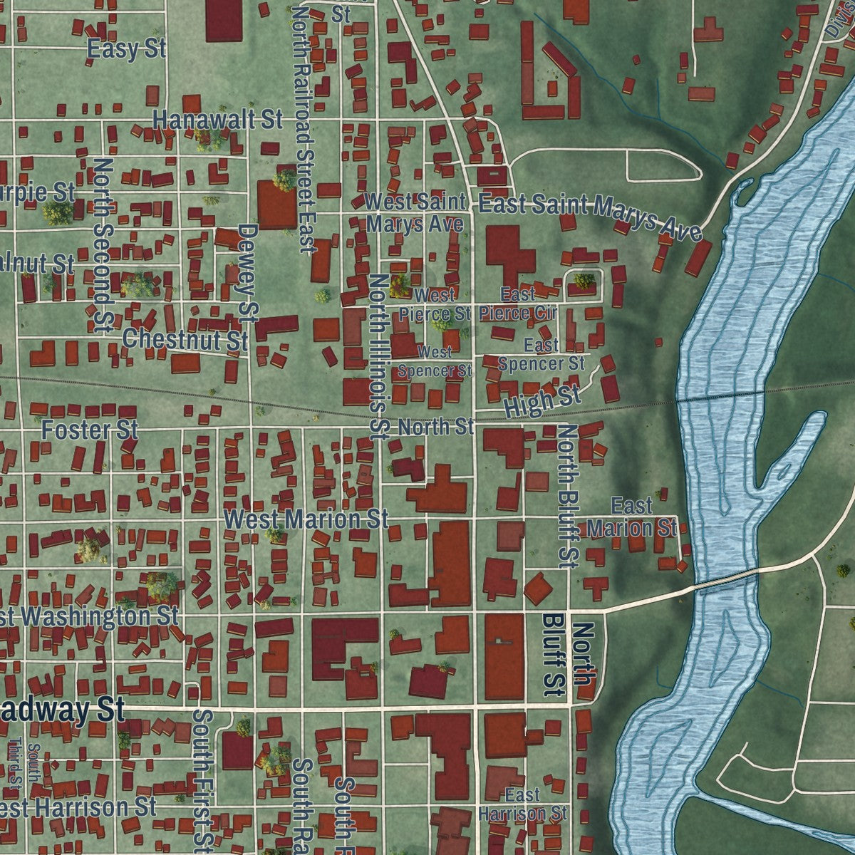 Close-up of the map of Monticello, Indiana print showing street and building detail