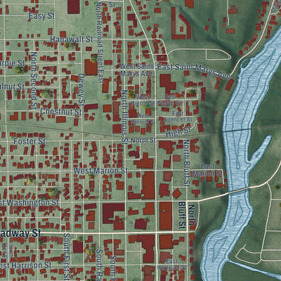Close-up of the map of Monticello, Indiana print showing street and building detail