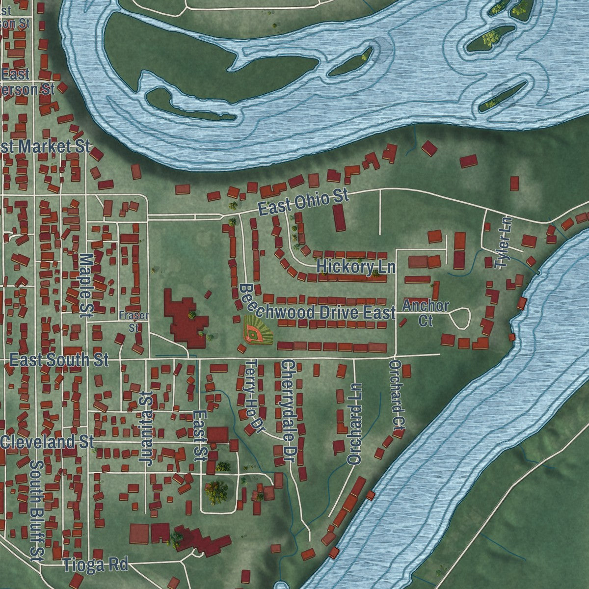 Second close-up of the map of Monticello, Indiana print showing more streets and buildings