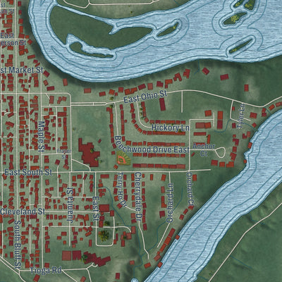 Second close-up of the map of Monticello, Indiana print showing more streets and buildings