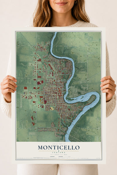 Map of Monticello, Indiana, 18 x 24 inch unframed archival matte print