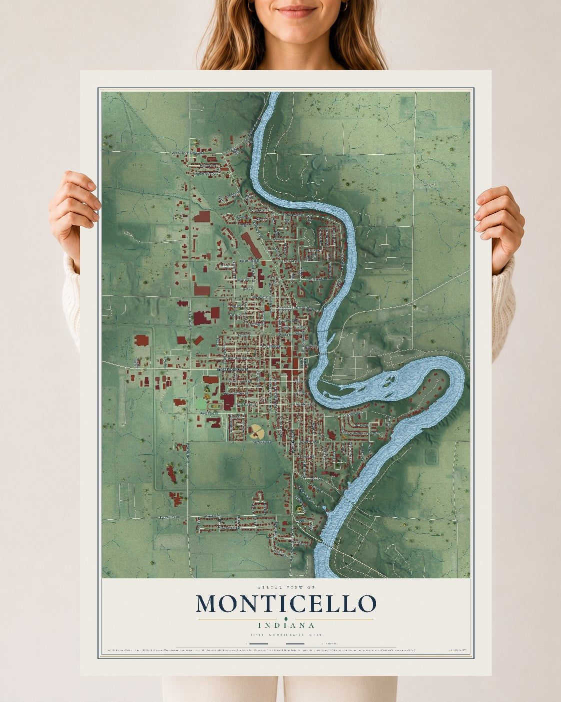 Map of Monticello, Indiana, 24 x 36 inch unframed archival matte print