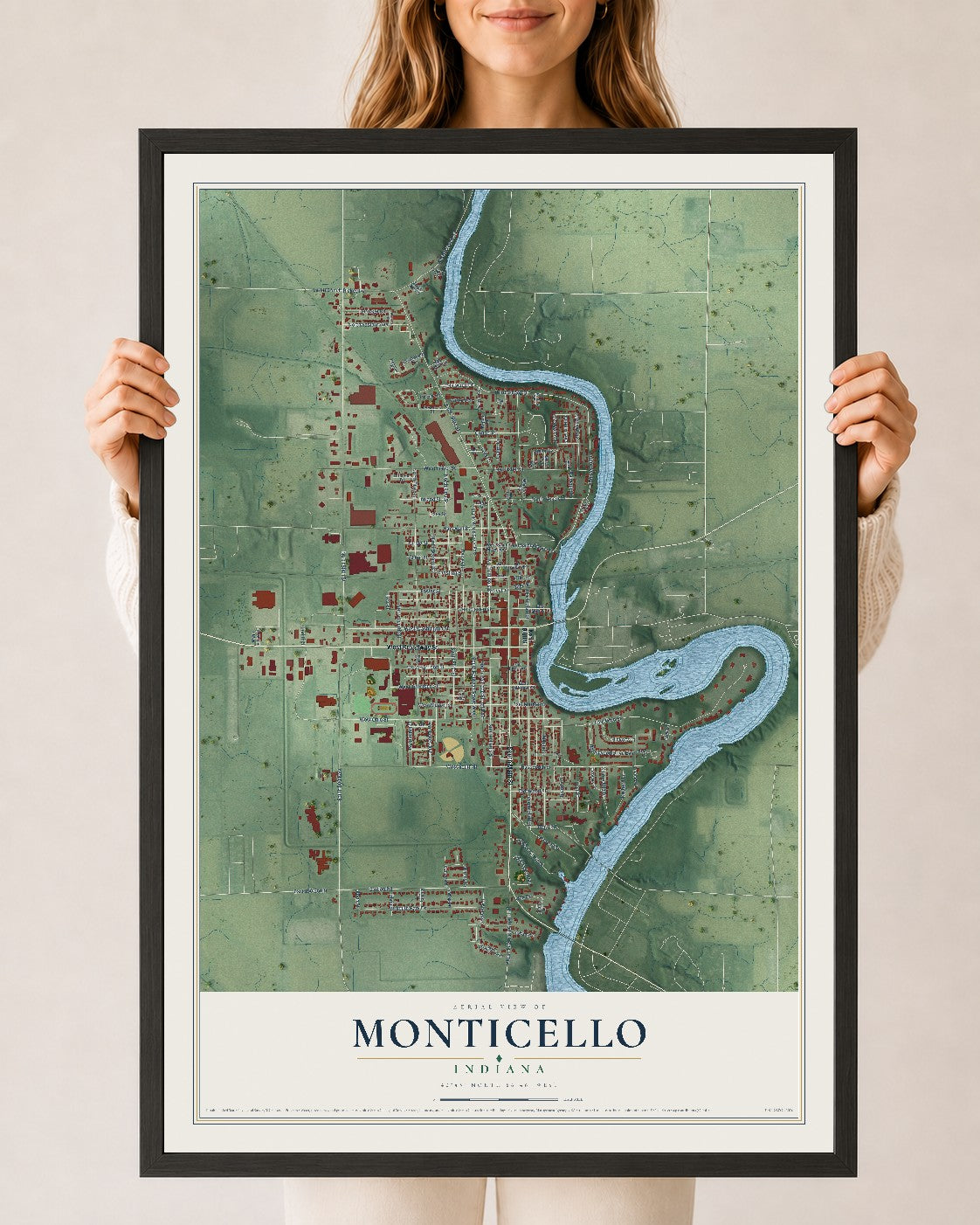 Map of Monticello, Indiana, 24 x 36 inch print in a black wood frame
