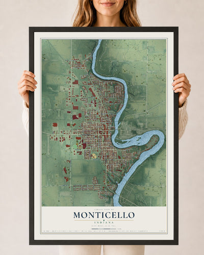 Map of Monticello, Indiana, 24 x 36 inch print in a black wood frame