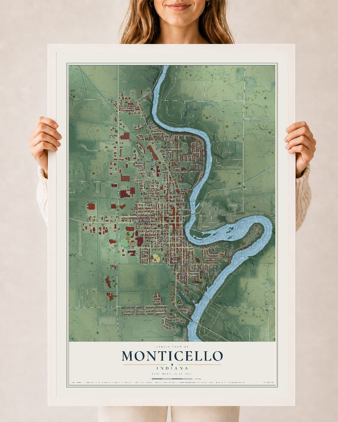Map of Monticello, Indiana, 24 x 36 inch print in a white wood frame