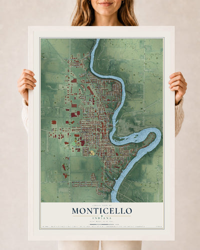 Map of Monticello, Indiana, 24 x 36 inch print in a white wood frame