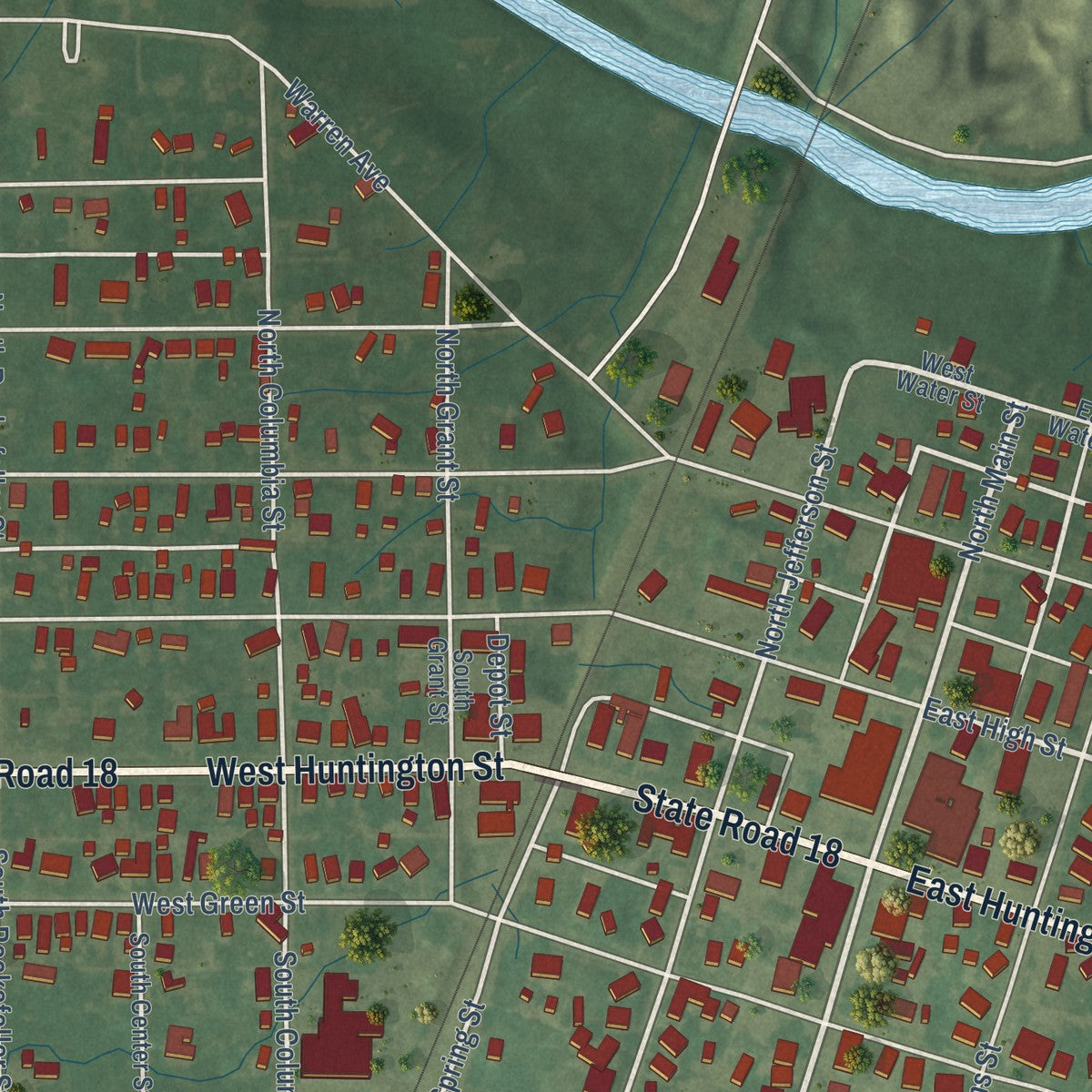 Close-up of the map of Montpelier, Indiana print showing street and building detail