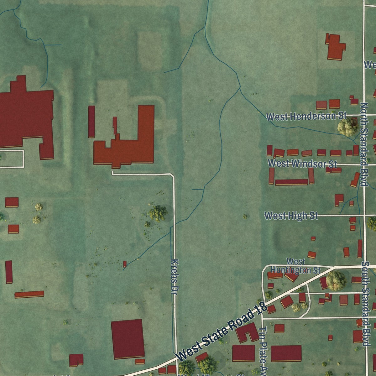 Second close-up of the map of Montpelier, Indiana print showing more streets and buildings