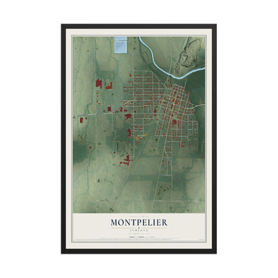Map of Montpelier, Indiana, 12 x 18 inch print in a black wood frame