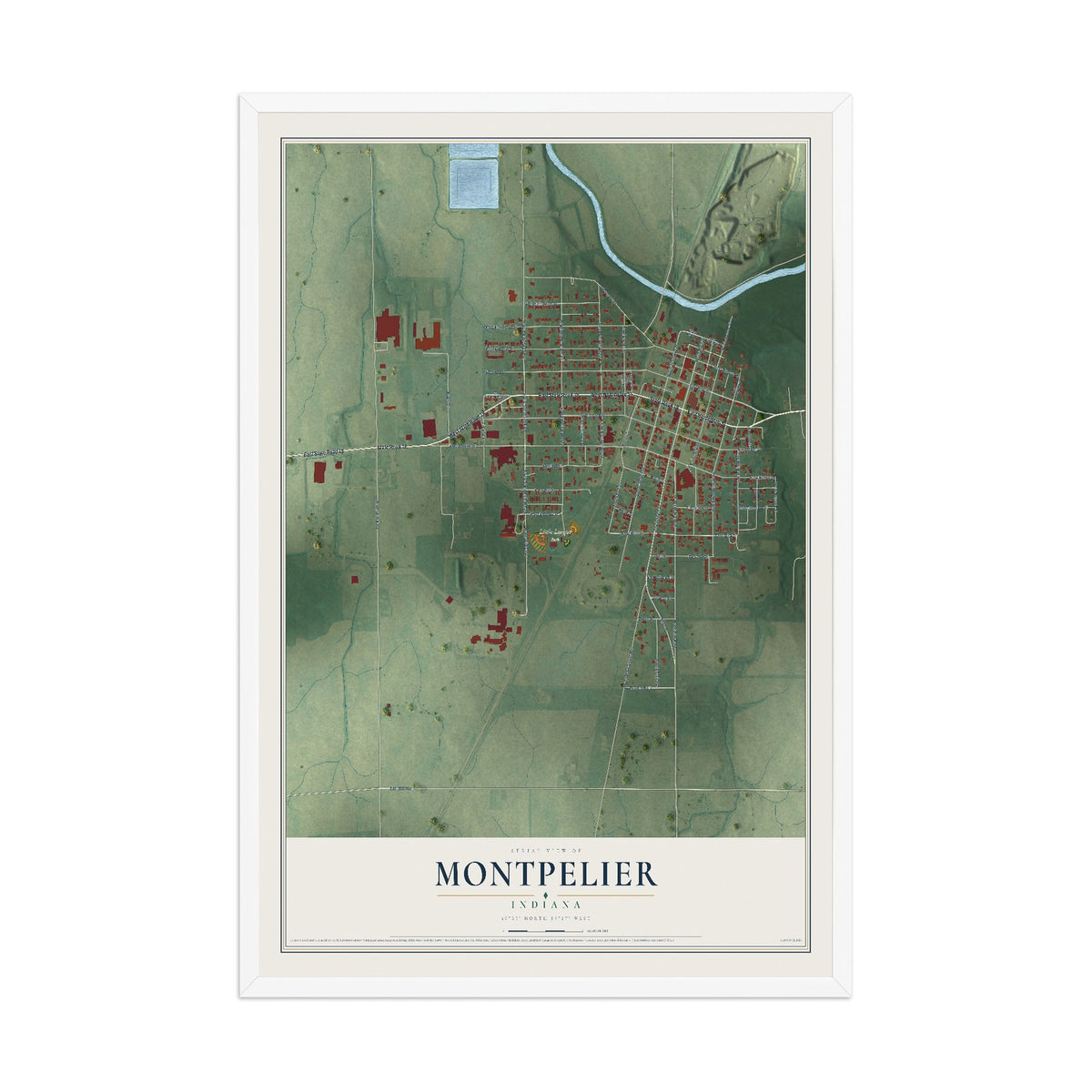 Map of Montpelier, Indiana, 12 x 18 inch print in a white wood frame