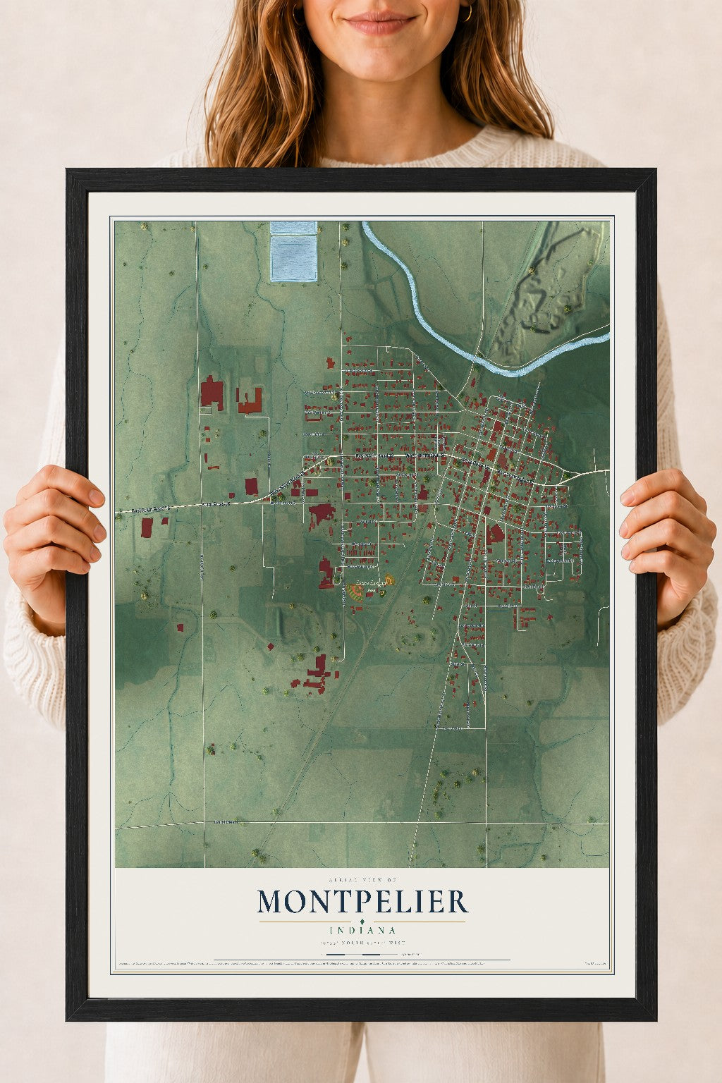 Map of Montpelier, Indiana, 18 x 24 inch print in a black wood frame
