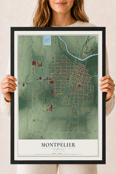 Map of Montpelier, Indiana, 18 x 24 inch print in a black wood frame