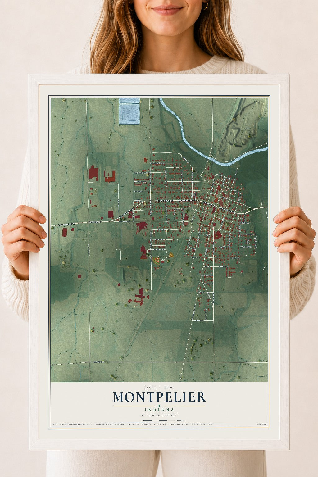 Map of Montpelier, Indiana, 18 x 24 inch print in a white wood frame